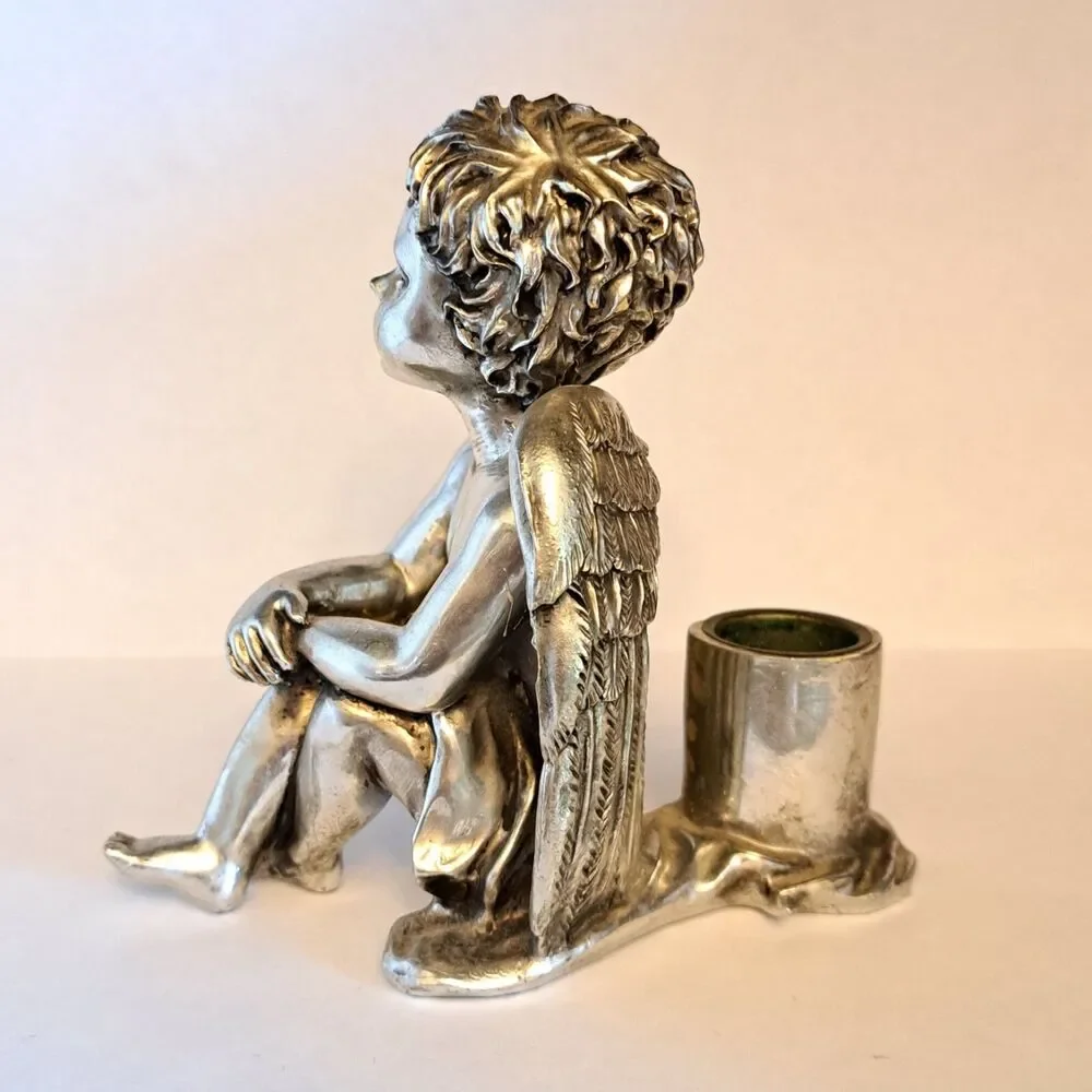 Vintage Noble Art Angel Silver Tone Tall Candle Holder 5 Inch